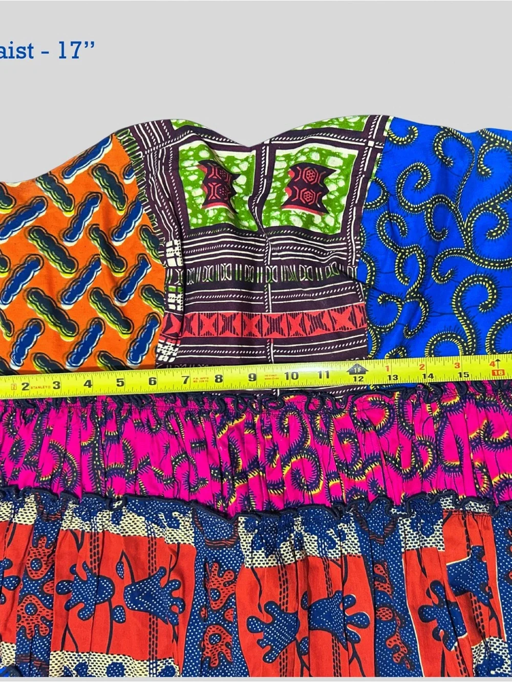Boho Strapless Patchwork Midi Dress • Blue, Yellow & Pink African textile design - Picture 3 of 5